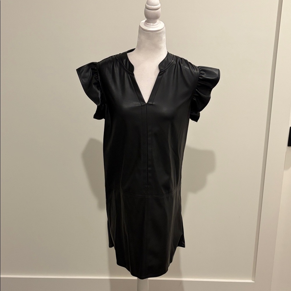 NWT THML Black Faux Leather Flutter Sleeve Dress Sz M